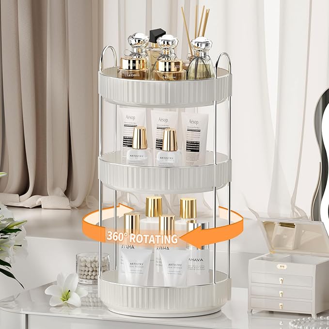 Rotating Makeup Organizer for Vanity,3 Tier High-Capacity Skincare Clear Make Up Storage Perfume Organizers Cosmetic Dresser Organizer Countertop 360 Spinning-FemmiqueWomen