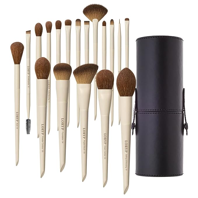 LORYP 18 Piece Makeup Brushes Set Labeled Face and Eye Brush Set Complete with Foundation, Concealer, Contour, Blending, Blush, Eyeshadow Brushes with Travel Holder Case-FemmiqueWomen