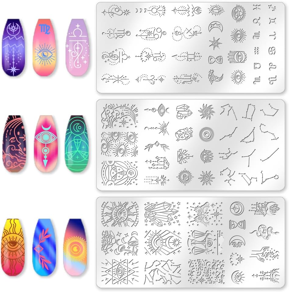 3Pcs Constellation Nail Stamping Plate Set Zodiac Tarot Nail Stamp Templates Sun Moon Stars Stainless Steel DIY Reusable Tools with Stamper Scraper for Manicure Printing-FemmiqueWomen