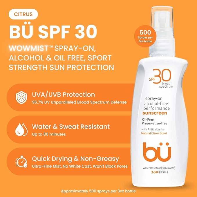 BU SPF 30 Sunscreen Spray for Face and Body, Non Aerosol Spray, Clear WOWmist, TSA Travel Size Sunblock, Oil Free and Water Resistant for Sensitive Skin, Natural Citrus 3.3 oz-FemmiqueWomen