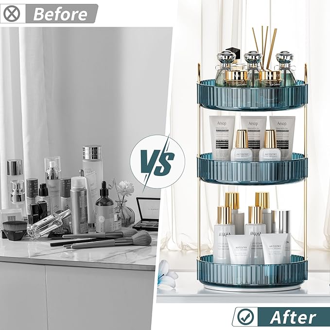 360° Rotating Makeup Organizer, Bathroom Organizers and Storage Holder Rack, Large Capacity Vanity Shelf Countertop, Fits Cosmetics, Perfume, Skin Care(Blue, 3 Tiers)-FemmiqueWomen