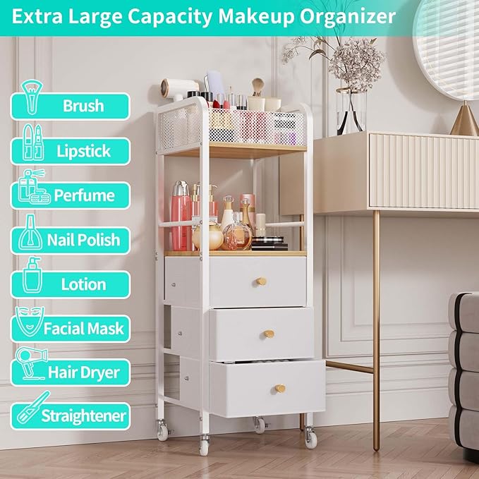 HapiRm Rolling Makeup Cart Organizer - Floor Skincare Make Up Storage with 3 Drawers, Vanity Organizer Cosmetic Display Cases Holder for Skin Care Perfume Nail Polish Brush Hair Tool-FemmiqueWomen