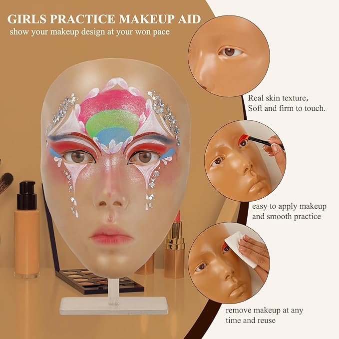 Make Up Practice Face, Face Painting Mannequin Head with Stand, 5D Reusable Silicone Face Practice Board, Mannequin Head for Makeup with Makeup Kit, Practice Face for Makeup Artist & Beginner, Brown-FemmiqueWomen