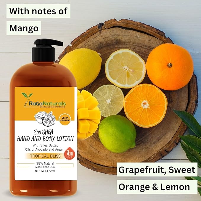 RaGaNaturals Natural Mango Body Lotion for Dry Skin - Tropical Bliss Moisturizer with Shea Butter, Vitamin E, B5, Argan & Avocado Oil - Refreshing Fruity Scent, Plant Based, Non-Greasy, Vegan - 16 Oz-FemmiqueWomen