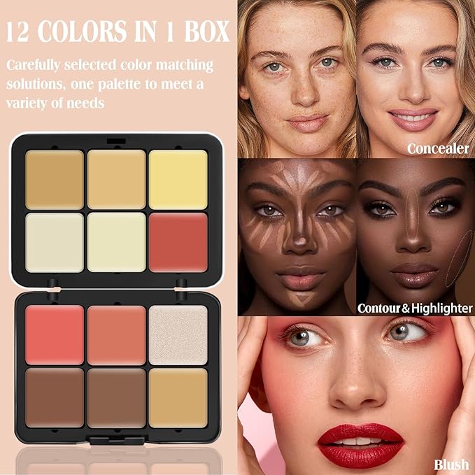 12 Colors Cream [Blush+Contour+Concealer+Highlighter] Makeup Palette for Cheeks - Multi-functional Makeup Palette with Brush, Natural Matte Long Wearing, Waterproof Face Makeup Palette (#05)-FemmiqueWomen