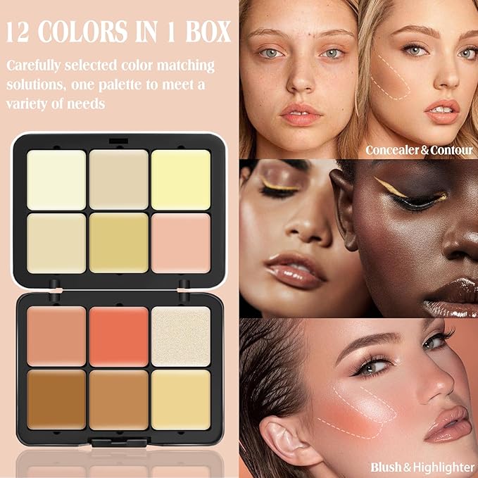 12 Colors Cream [Blush+Contour+Concealer+Highlighter] Makeup Palette for Cheeks - Multi-functional Makeup Palette with Brush, Natural Matte Long Wearing, Waterproof Face Makeup Palette (#04)-FemmiqueWomen