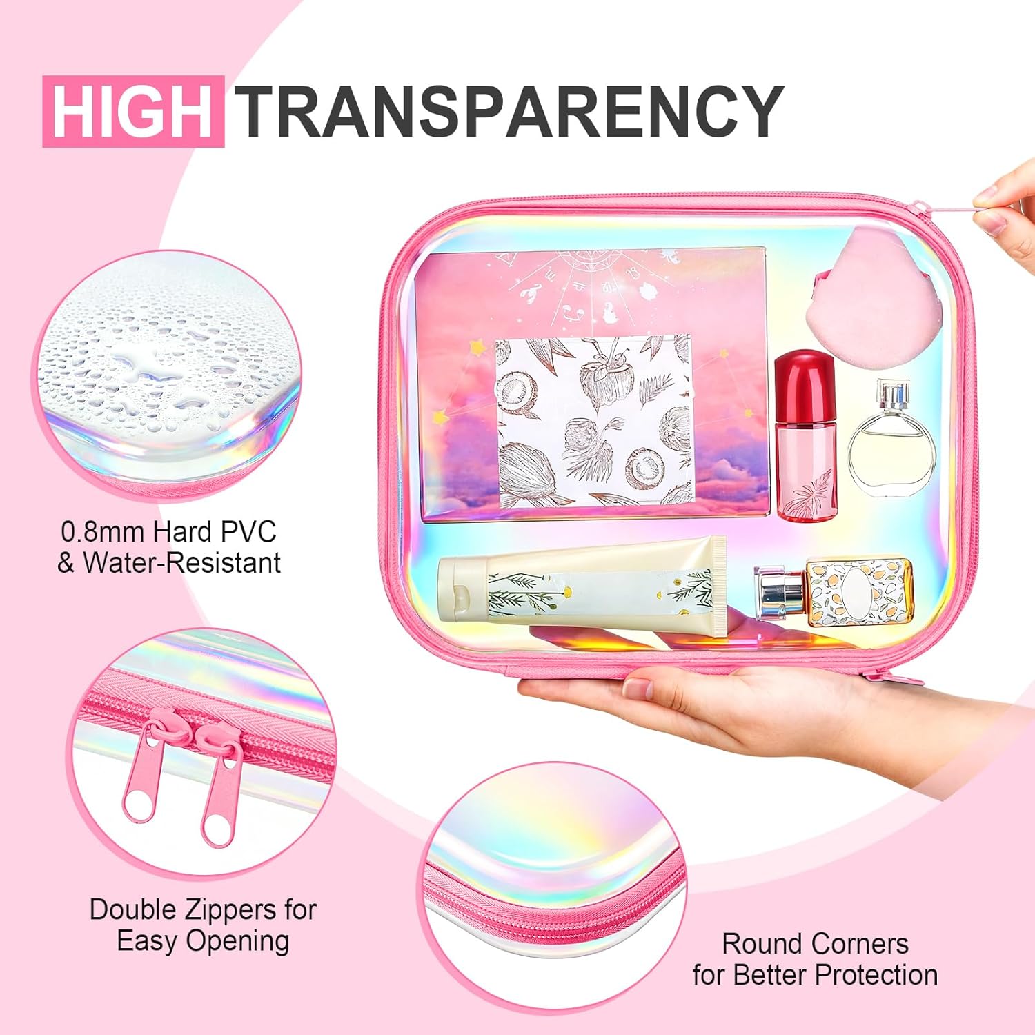 Hoolerry 3 Pcs Clear Hard Zipper Case Plastic Pouch Transparent Hard Case Clear Makeup Bag Portable Travel Organizer Bin for Cosmetics, Building Blocks, Puzzles(Laser,M)-FemmiqueWomen