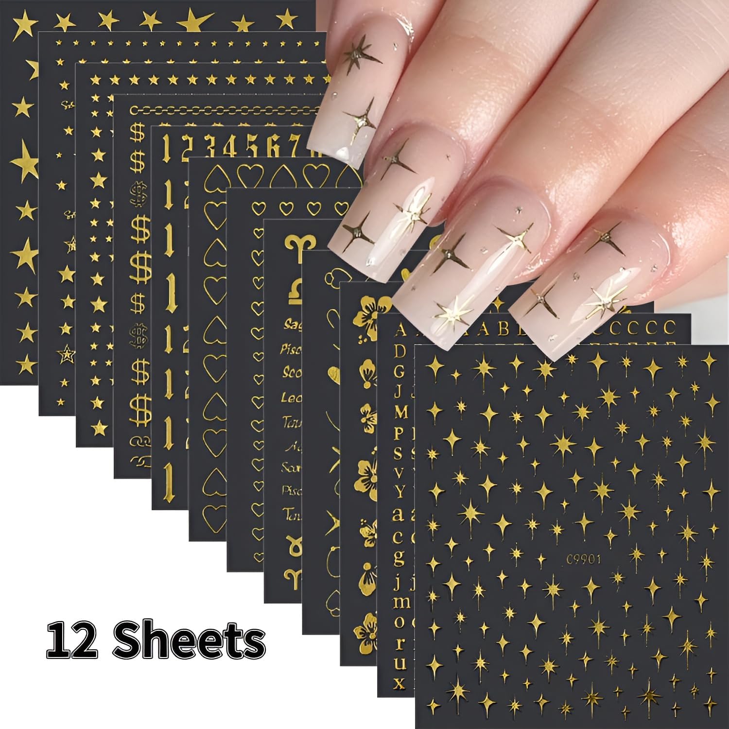12 Sheets Gold Nail Art Stickers Decals 3D Self Adhesive Letter Heart Nail Decals,Flower Star Nail Stickers,Gold Nail Stickers for Nail Art,Nails Supplies for Women Girls-FemmiqueWomen