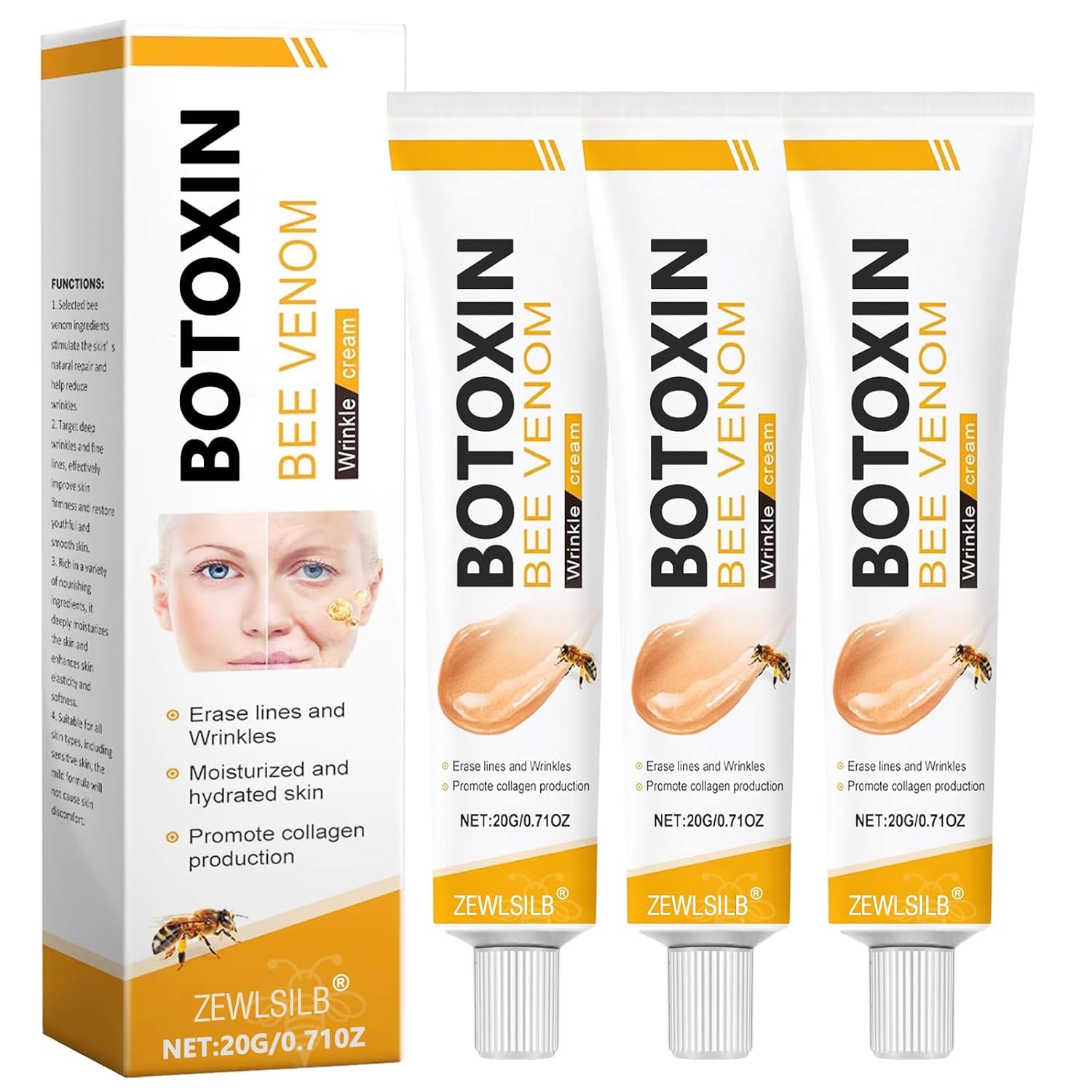 Botoxin Bee Venom Wrinkle Removal Cream, Anti-Aging, Restore and Enhance Skin Elasticity, Natural and Non-Irritating, Suitable for Sensitive, Dry, Oily Skin 0.71 Ounce (Pack of 3)-FemmiqueWomen
