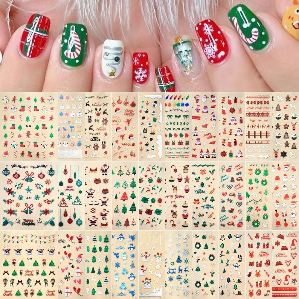 30 Sheets Christmas Nail Art Stickers 3D Self- Adhesive Pegatinas Uñas Snowman Snowflake Nail Decals White Red Christmas Nail Supplies for Women and Girls-FemmiqueWomen