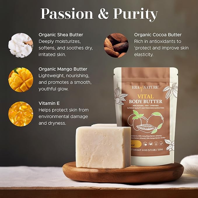 Era of Nature Organic Shea, Mango & Cocoa Body Butter – Raw, Unrefined, 100% Natural – Perfect Base for DIY Skincare, Body Butters, Lotions, Soaps & Lip Balms – Essential for Homemade Creations – 32oz-FemmiqueWomen