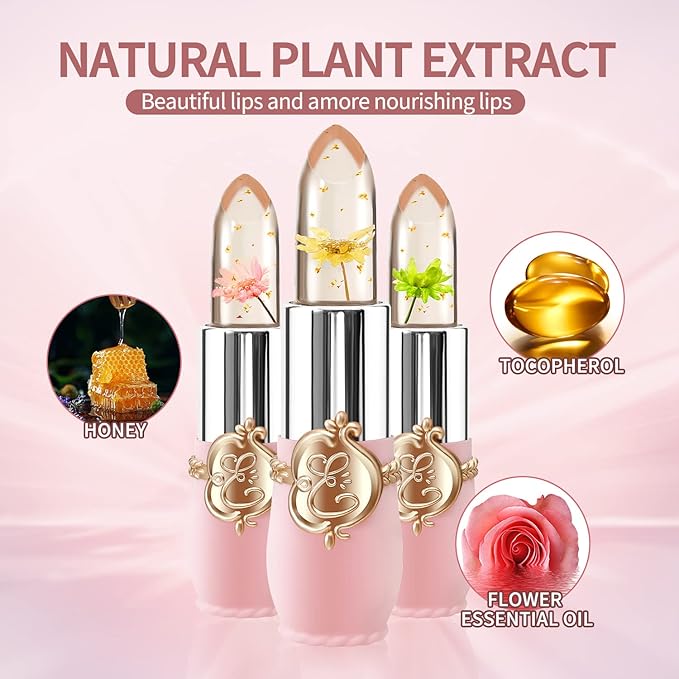 3 Pcs/Set Flower Jelly Lipstick Set Temperature Change Moisturizer Long Lasting Nutritious Glossy Shine Lip Balm Magic Gold Crystal PH Color Change Lip Gloss for Women-FemmiqueWomen