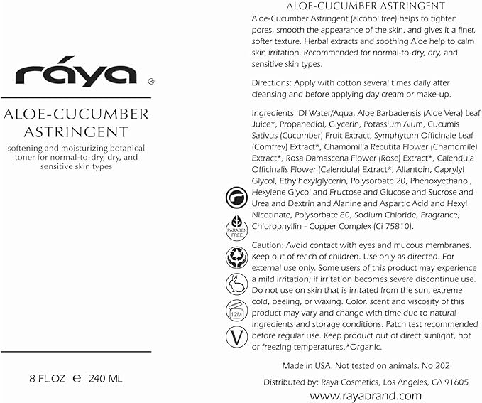 Raya Aloe Cucumber Astringent (202), Facial Toner for Dry and Sensitive Skin - Refreshing, Hydrating and Calming Formula, Gentle Pore Tightening Skincare, Cruelty, Paraben & Alcohol-Free, 8 fl oz-FemmiqueWomen