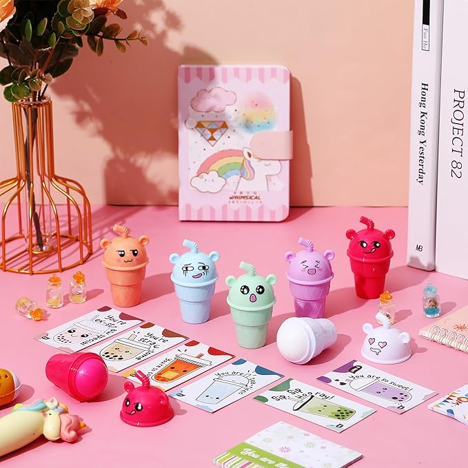 24 Sets Milk Tea Shaped Cute Lip Balm Fruit Flavored Lip Balm with Milk Tea Theme Gift Cards Milk Tea Boba Lover Birthday Baby Shower Party Inspirational Gifts Favors for Girls Kids Women-FemmiqueWomen