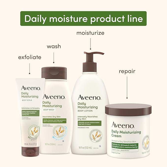 Aveeno Daily Moisturizing Body Lotion with Soothing Prebiotic Oat, Gentle Lotion Nourishes Dry Skin With Moisture, Paraben-, Dye- & Fragrance-Free, Non-Greasy & Non-Comedogenic, 12 fl. Oz-FemmiqueWomen
