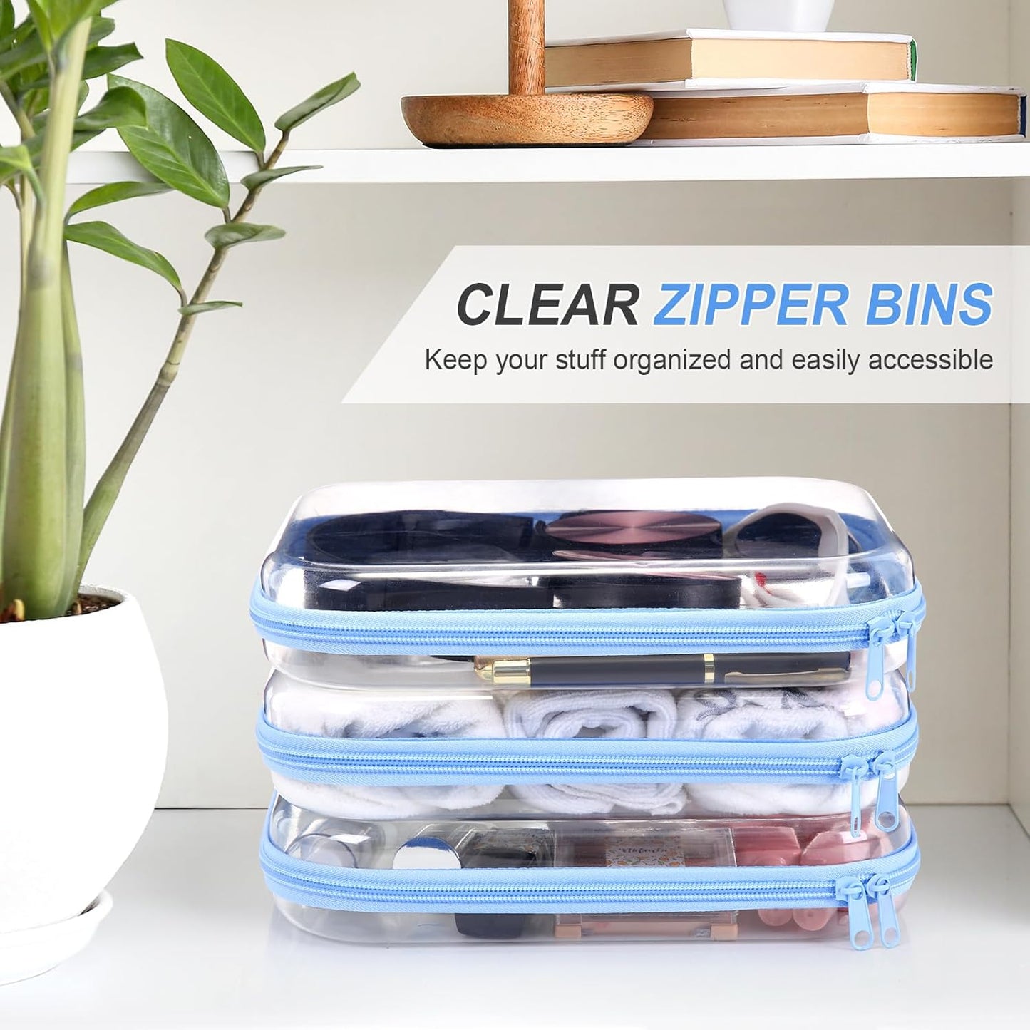 Hoolerry 3 Pcs Clear Hard Zipper Case Plastic Pouch Transparent Hard Case Clear Makeup Bag Portable Travel Organizer Bin for Cosmetics, Building Blocks, Puzzles(Blue,M)-FemmiqueWomen