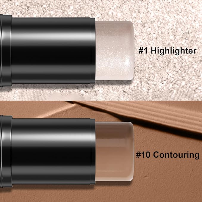 2Pcs Cream Contour Stick Makeup Kit, Cream Highlighter Stick and Bronzer Contour Stick with Longwear Waterproof Formula for Brightening and Trimming the Cheeks, Makeup Brush Include (#01, 10)-FemmiqueWomen