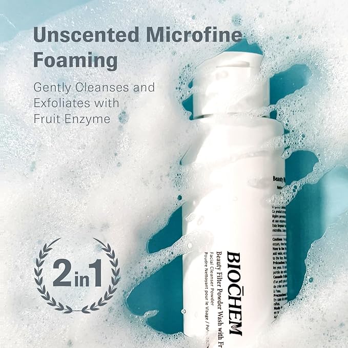 BIOCHEM Beauty Filter Powder Face Wash with Fruit Enzyme, Daily Wash with Papaya & Pineapple Enzyme, Gentle Plant-Based Low pH Exfoliator Cleanser for Women & Men, Sensitive Skin (1.59 fl oz / 45 g)-FemmiqueWomen