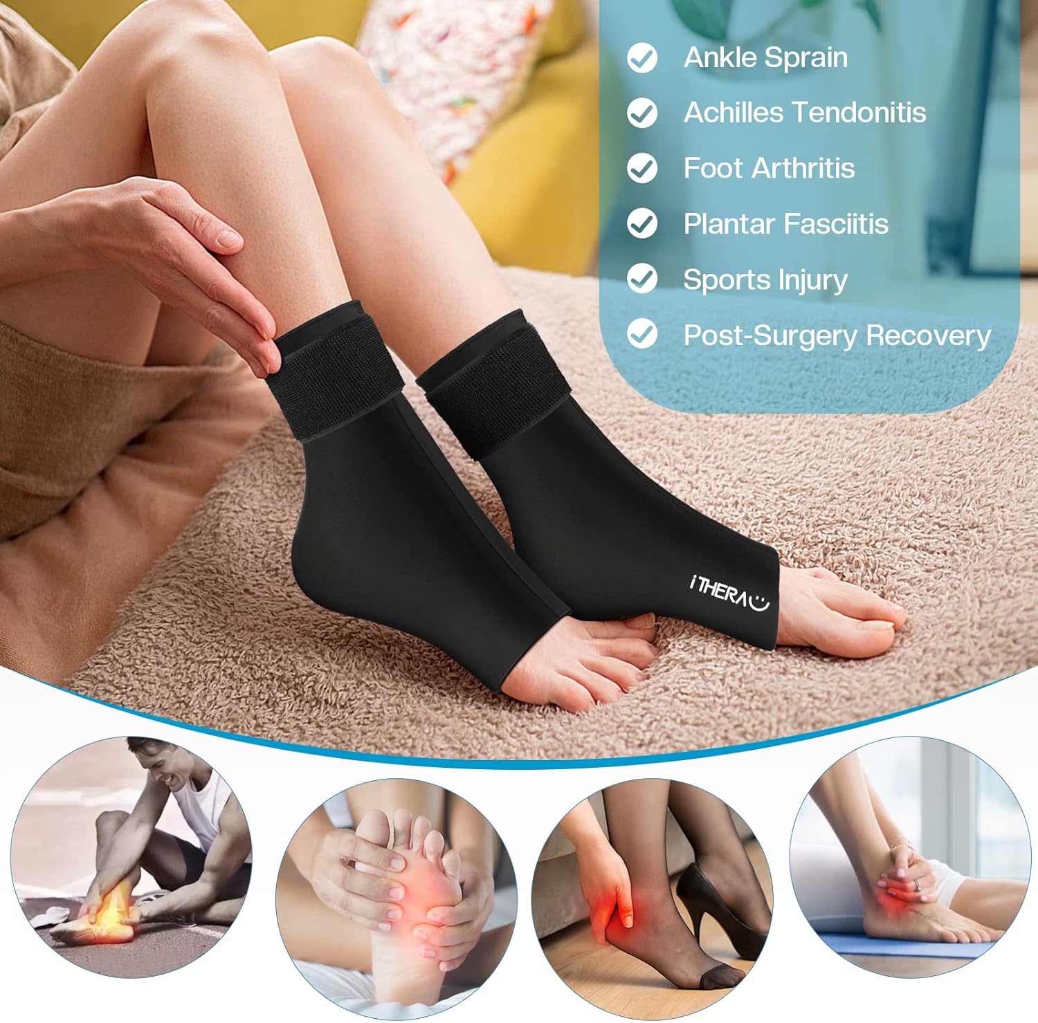 iTHERAU Ankle Ice Pack Wrap, Reusable Gel Hot & Cold Therapy for Foot & Heel Injuries | Achilles Tendonitis, Plantar Fasciitis, Swelling, Sprained, Pain Relief, 2 Pack-FemmiqueWomen