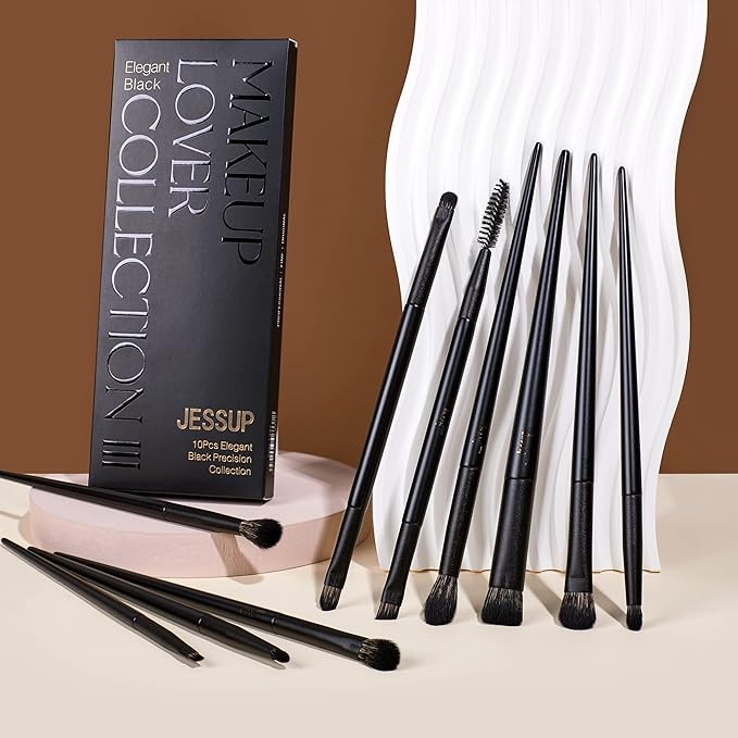 Jessup Eyeshadow Brush Set, 10Pcs Eye Makeup Brushes Professional for Blending Eye Shadow Liner Crease, Duo-end Brow Brush, Elegant Black T337-FemmiqueWomen