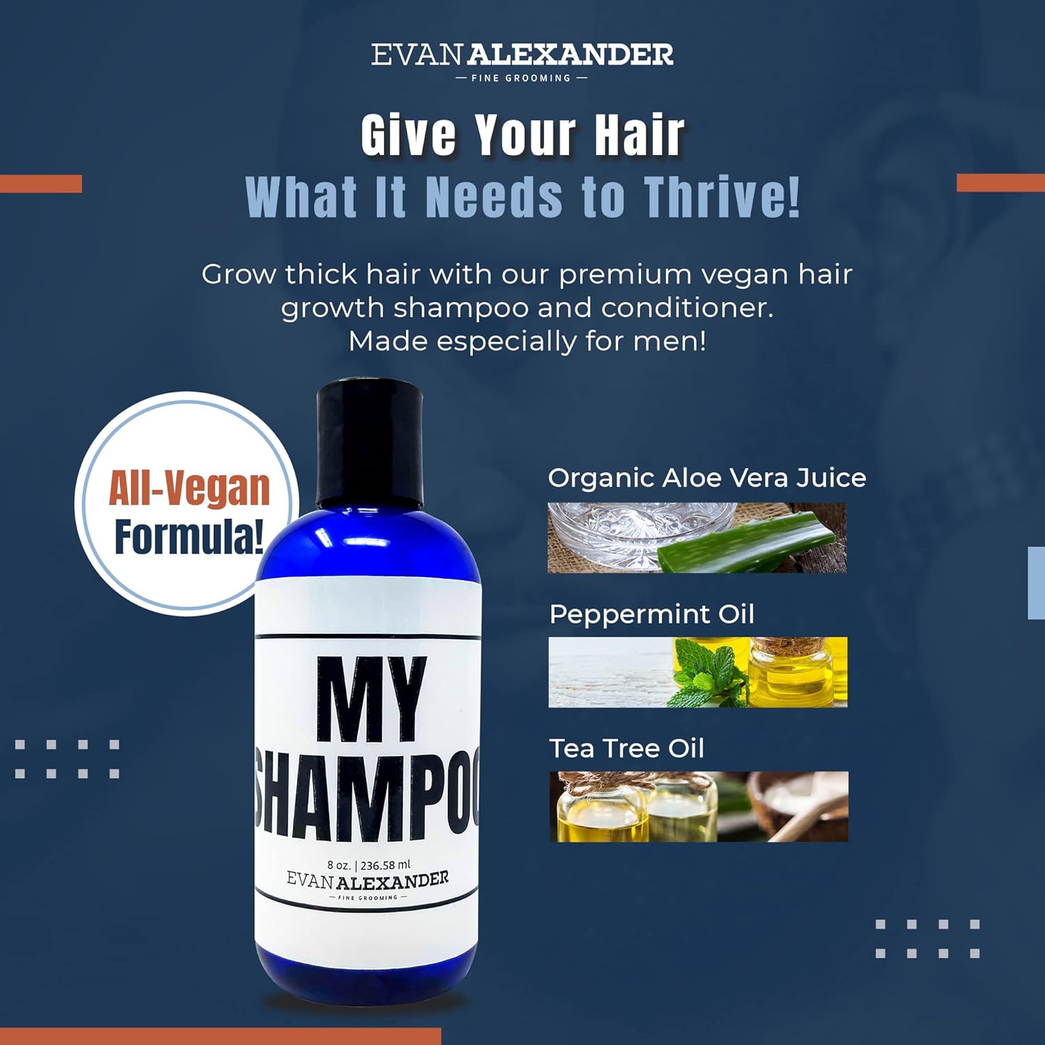 Evan Alexander Grooming MY Shampoo - Supports Hair Growth and Nourishes the Scalp with Peppermint Oil, Tea Tree Oil, Organic Aloe Vera - Vegan - 8 oz - Great Scent-FemmiqueWomen