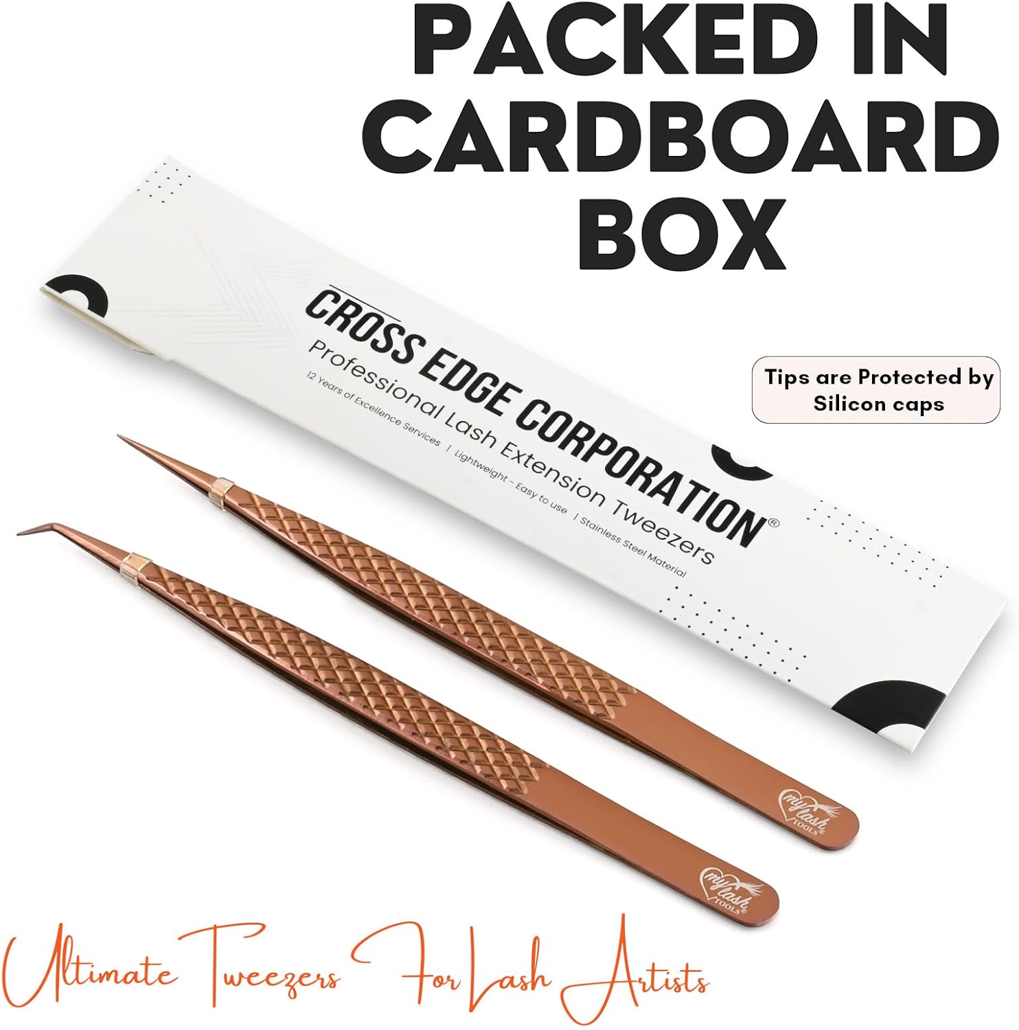 2pcs Curved & Straight Isolation Tweezers for Eyelash Extensions – 14cm Stainless Steel, Copper color Tweezer Set, Best for Classic & Individual Lashes, Professional Pinzas para Pestaña-FemmiqueWomen