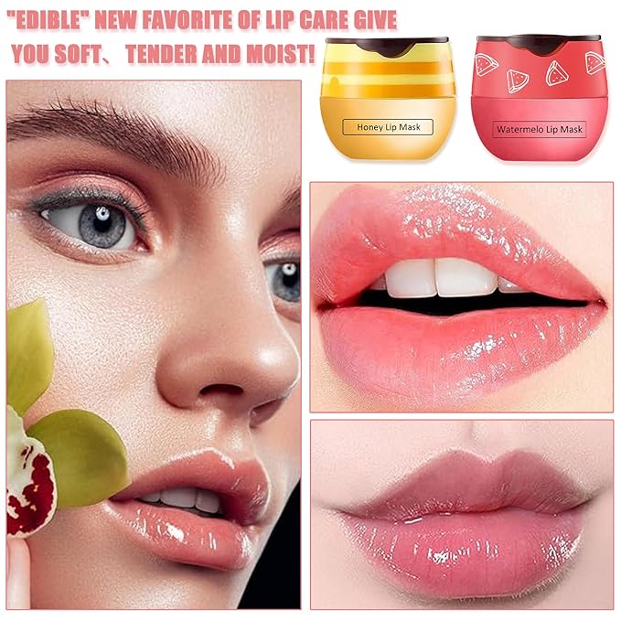 2 PCS Bee Lip Balm Honey Pot,Watermelon&Strawberry Lip Sleeping Mask Hydrating Prevention Dry and Cracked Lip Scrubs Exfoliator Lip Care,Lip Mask Overnight Reduces Lip Lines-FemmiqueWomen