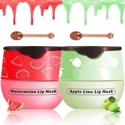 2 PCS Lip Balm Honey Pot, Apple Lime & Watermelem Lip Mask Vitamin E & Moisturizing Propolis Sleeping Lip Mask Prevention Dry and Cracked Lip Scrubs Exfoliator, Christmas Gifts-FemmiqueWomen