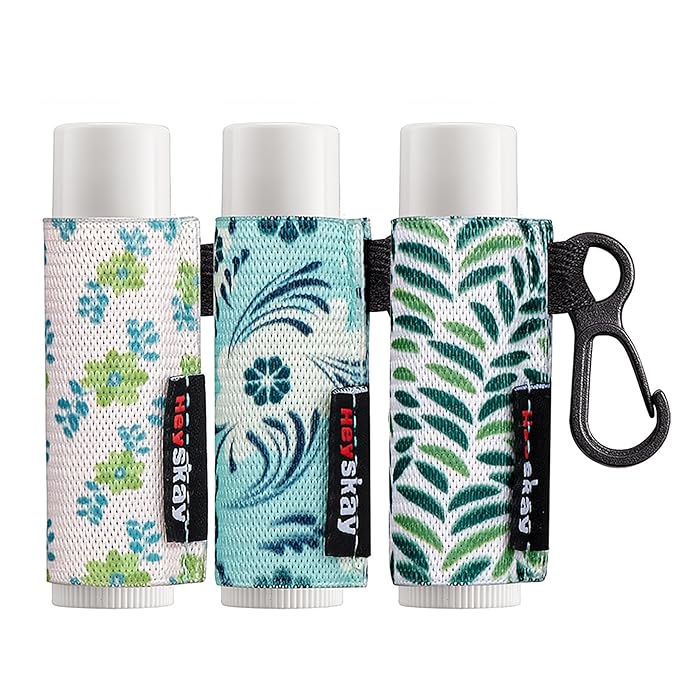 3PCS Lip Balm Holder Lip Gloss Sleeves Keychain Lipstick Holder Keychain Chapstick Elastic Sleeves Bulk(Green Print Flower X3)-FemmiqueWomen