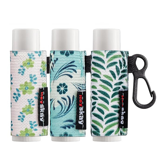3PCS Lip Balm Holder Lip Gloss Sleeves Keychain Lipstick Holder Keychain Chapstick Elastic Sleeves Bulk(Green Print Flower X3)-FemmiqueWomen