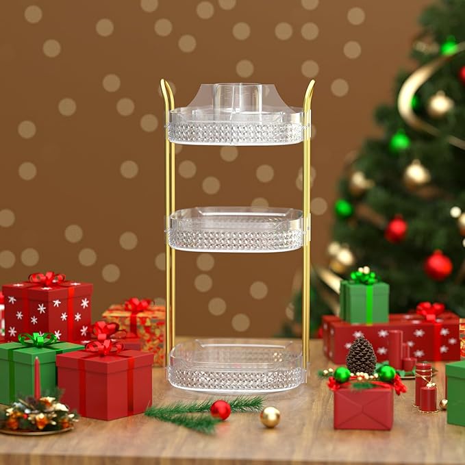 Awenia Rotating Makeup Organizer 360, Stackable Adjustable Large Capacity Cosmetic Storage Unit,Dresser Bathroom Kitchen Countertop Organizer with Metal Handle, Plus Size (Clear, 3 Tier)-FemmiqueWomen