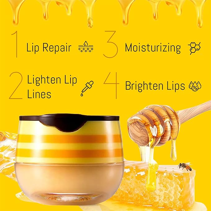 2PCS Bee Lip Balm Honey Pot, Honey Pot Lip Balm for Dry Cracked Lips, Strawberry Lip Balm Scrubs Exfoliator & Moisturizer, Hydrating Lip Balm Honey Pot with Wand, Lip Sleeping Mask (A)-FemmiqueWomen