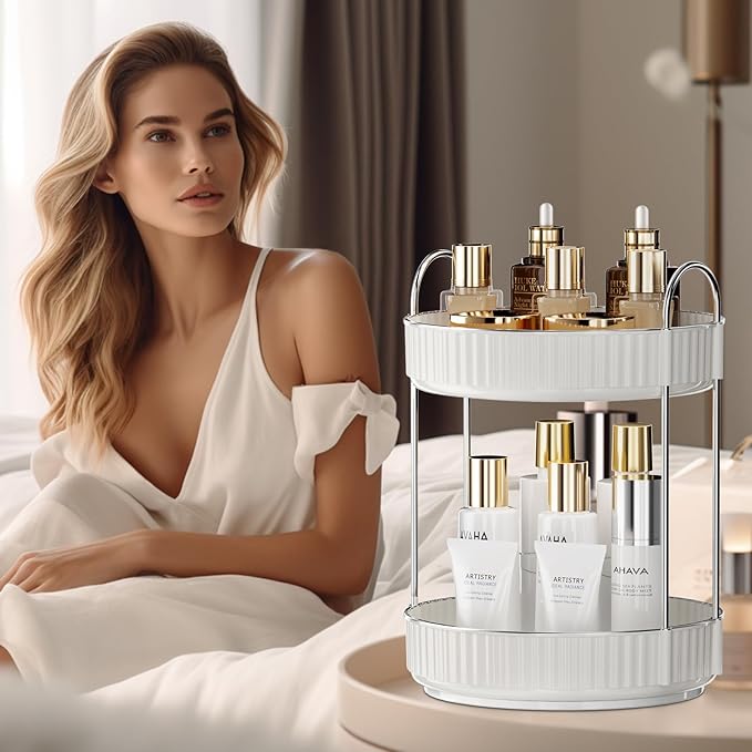 Rotating Makeup Organizer for Vanity, 2 Tier High-Capacity Skincare & Makeup Storage, Perfume Organizer, Cosmetic Dresser, Countertop 360 Spinning-FemmiqueWomen