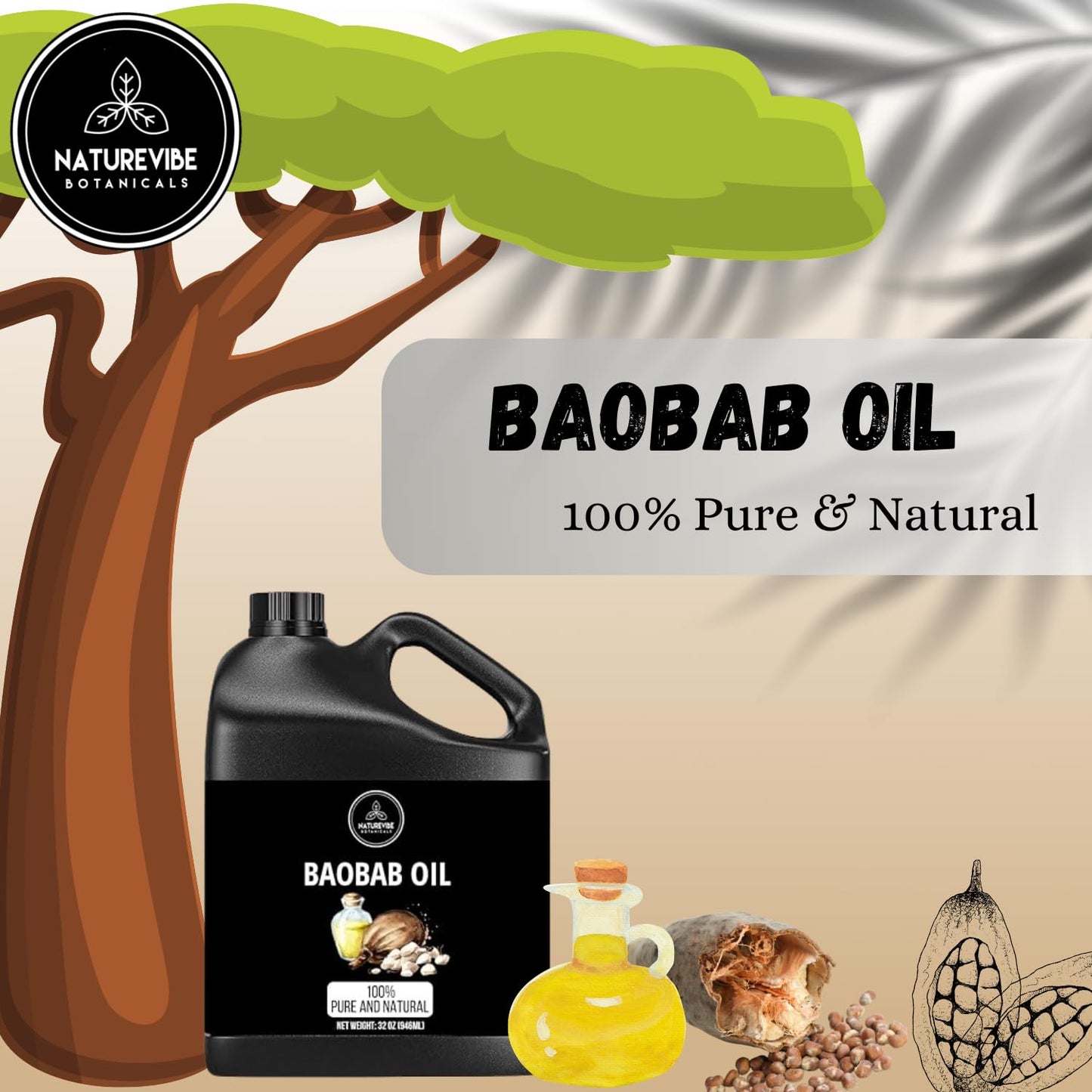 Naturevibe Botanicals Baobab Oil 32 Ounces | 100% Pure and Natural | Great for Skin Care and Hair Care-FemmiqueWomen