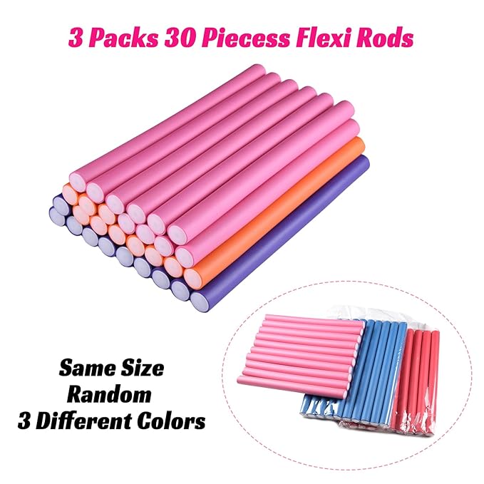 30PCS 9.45" Flexible Foam Curling Rods, Twist Heatless Hair Rollers for Women, Girls, Long and Short Hair, Sleep-In (0.71 x 9.45 Inch, Random Color)-FemmiqueWomen