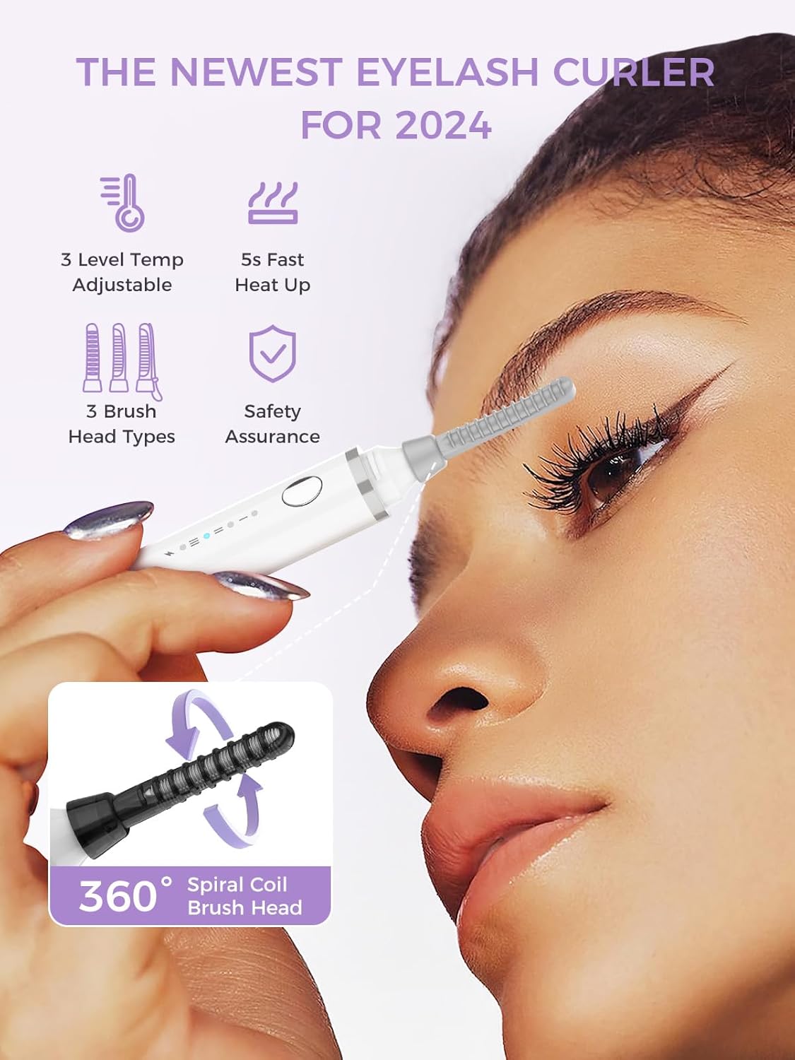 Smiling Shark Heated Eyelash Curler, 2025 New 360°Wand-Style Heated Lash Brush Rechargeable with 3 Brush Heads & 3 Temp 【Lengthen/Define/Curler】 3-in-1 Lash Curler for All Types of Lashes, White-FemmiqueWomen