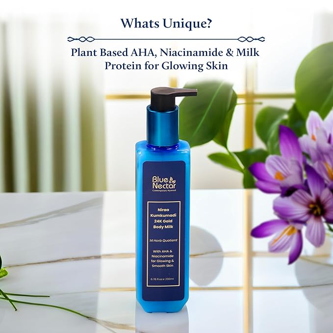 Blue Nectar 24K Carat Gold Body Milk for Women & Men | Body Lotion with Plant Based AHA & Niacinamide | Moisturizer for Body | All Skin Types (14 Herbs, 6.76 Fl Oz)-FemmiqueWomen