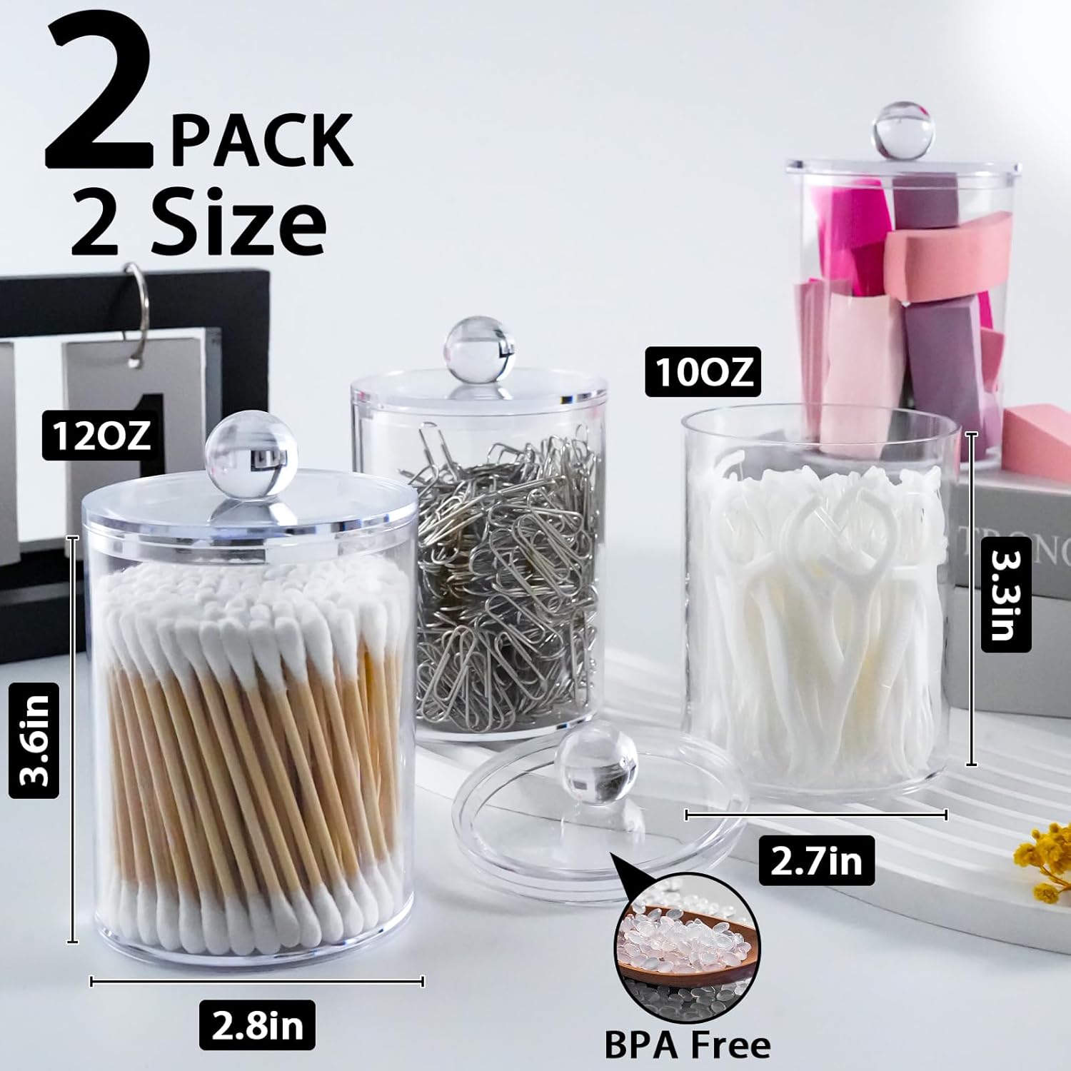2 Pack Qtip Holder,Canister Apothecary Jar Set, Bathroom Jars with Lids Set for Cotton Swabs, Balls, Pads, Floss Picks,10oz-12oz Plastic Canisters Restroom Bedroom Vanity Organizer(Clear)-FemmiqueWomen