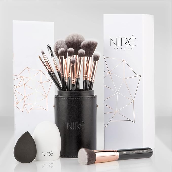 Niré Beauty 15piece Award Winning Professional Makeup Brush Set: Vegan Makeup Brushes with Case, Makeup Sponge, Brush Cleaner, Guide, Gift Box-FemmiqueWomen