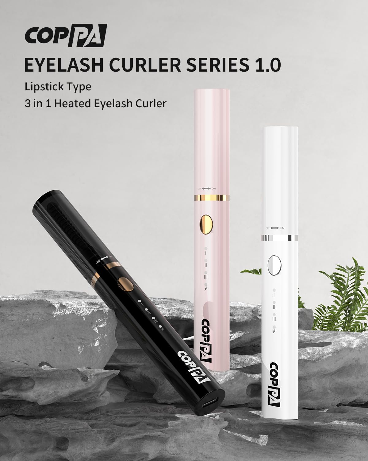 COPPA Electric Lash Curler, LP-1 Lipstick Type 3-in-1 Heated Eyelash Curler with 3 Brush Heads 3 Curling Modes and 3 Temp & 5s Quick Heat-up, Perfect for Beginners and Makeup Pros, White-FemmiqueWomen