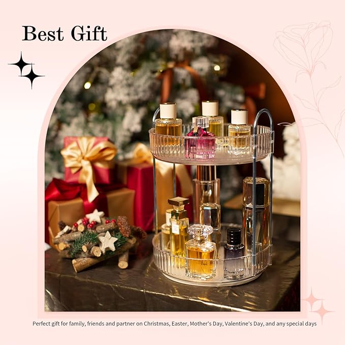 Rotating Makeup Organizer, 360° Spinning Makeup Storage Holder Rack, Dresser Bathroom Organizer Countertop, Large Capacity Perfume Skincare Lipstick Organizer for Vanity.(2 Tiers, Transparent)-FemmiqueWomen
