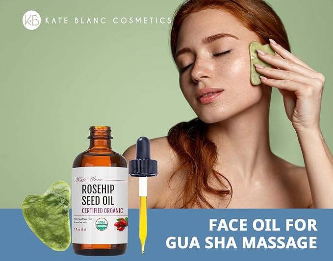 Kate Blanc Cosmetics Rosehip Oil for Face with Jade Gua Sha Stone (1oz, Organic, Pure, Cold Pressed) Rosehip Seed Face Oil for Gua Sha Massage-FemmiqueWomen