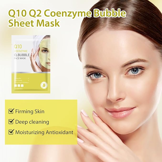 10 Sheets Coenzyme Q10 O2 Bubble Masks for Face, Bubble Face Mask Skincare for All Skin Types, Deep Cleansing Moisturizing Facial Mask Skin Care for Pores, Firming, Purifying, Sheet Masks for Spa-FemmiqueWomen