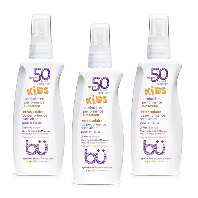 BU SPF 50 Fragrance Free Kids Sunscreen Spray for Face and Body, TSA Travel Size Sunscreen, Clear Non Aeorsol Spray, Non Greasy, Water Resistant and Oil Free, 3.3 oz (3-pack)-FemmiqueWomen