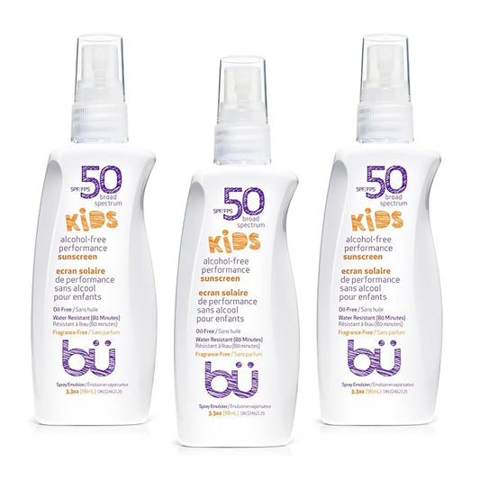 BU SPF 50 Fragrance Free Kids Sunscreen Spray for Face and Body, TSA Travel Size Sunscreen, Clear Non Aeorsol Spray, Non Greasy, Water Resistant and Oil Free, 3.3 oz (3-pack)-FemmiqueWomen
