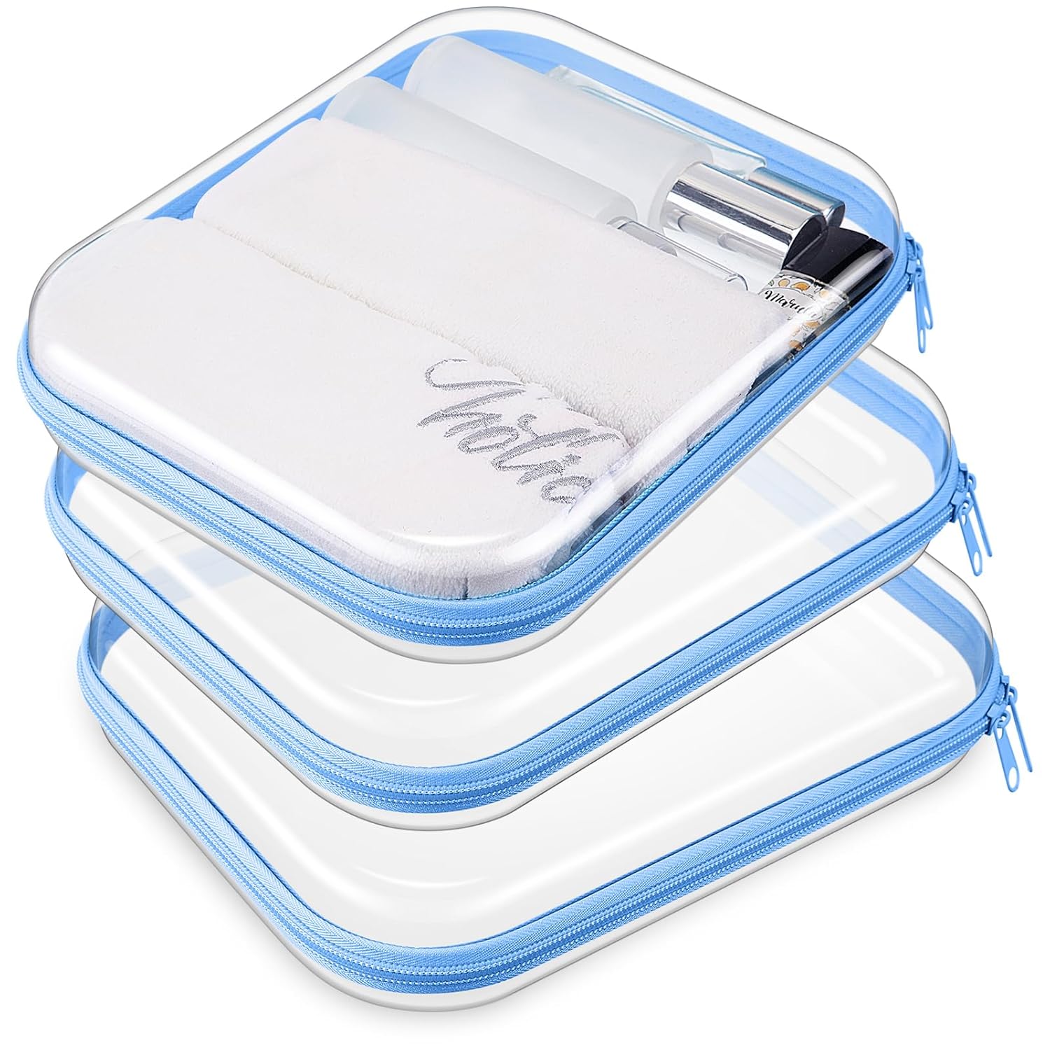 Hoolerry 3 Pcs Clear Hard Zipper Case Plastic Pouch Transparent Hard Case Clear Makeup Bag Portable Travel Organizer Bin for Cosmetics, Building Blocks, Puzzles(Blue,M)-FemmiqueWomen