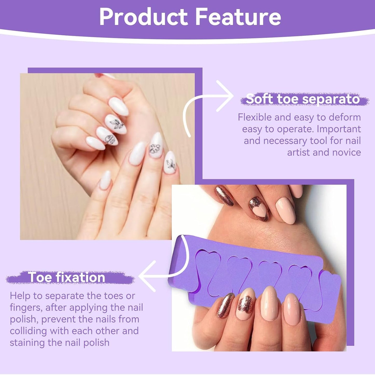 100PCS Sponge Toe Separator, Soft Toe Spreader Nail Art Finger Separator Divider Spacer Manicure Pedicure Tool for Nail Polish (Purple)-FemmiqueWomen