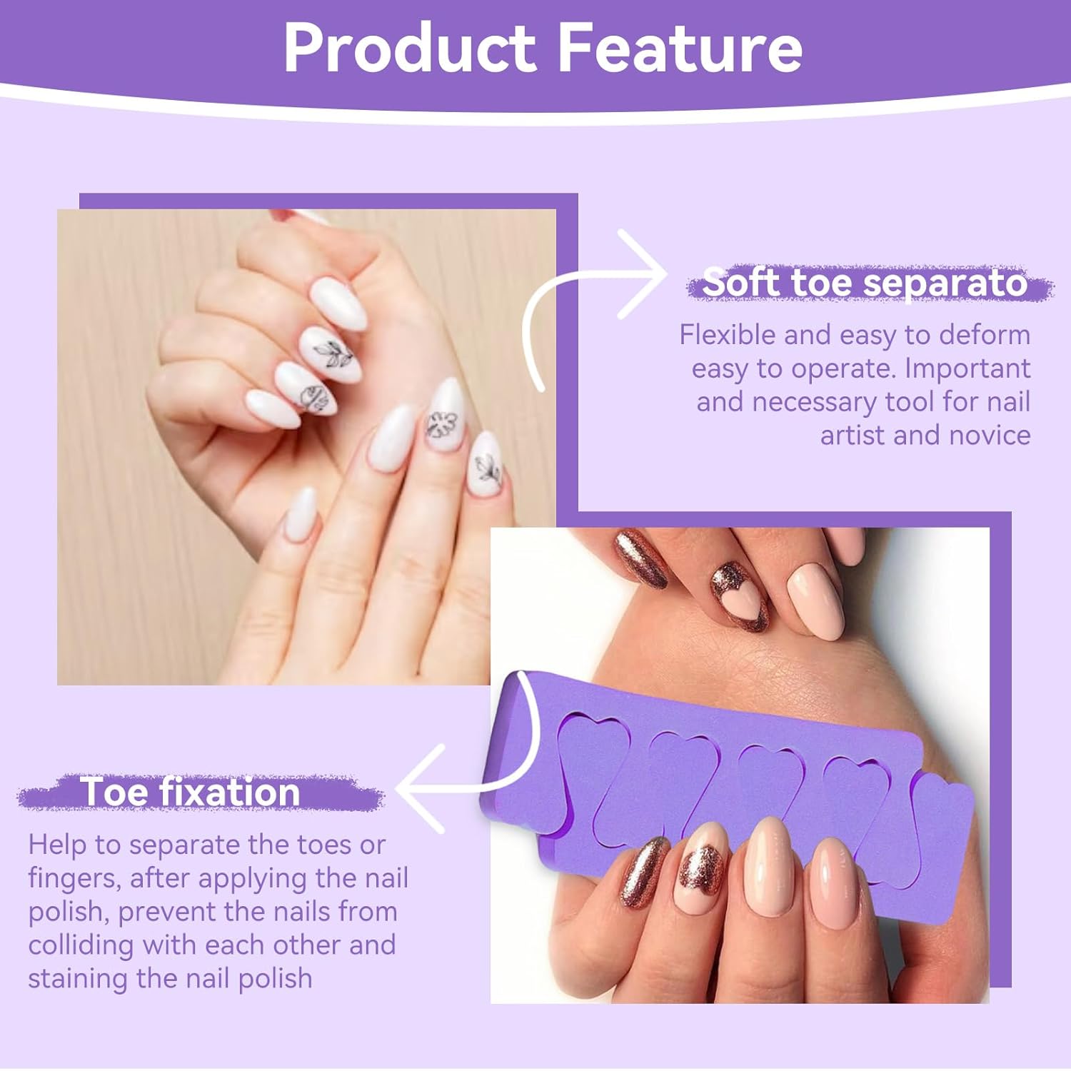 100PCS Sponge Toe Separator, Soft Toe Spreader Nail Art Finger Separator Divider Spacer Manicure Pedicure Tool for Nail Polish (Purple)-FemmiqueWomen