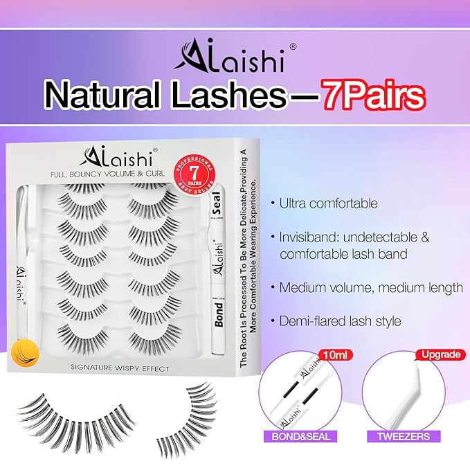 Wispy False Eyelashes Kit With Bond, Seal and Tweezer, 7 Pairs Natural Look Fake Cat Eye Lashes Strips Thin Band Extensions Waterproof Easy Eyelashes for Beginners DF99#-FemmiqueWomen