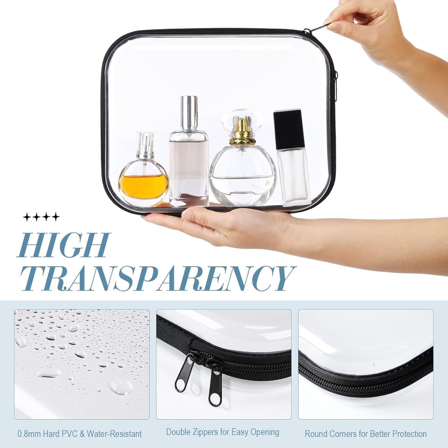 Hoolerry 3 Pcs Clear Hard Zipper Case Plastic Pouch Transparent Hard Case Clear Makeup Bag Portable Travel Organizer Bin for Cosmetics, Building Blocks, Puzzles(Black,M)-FemmiqueWomen